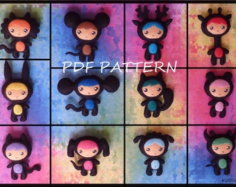 PDF sewing pattern to make a felt animal doll set.