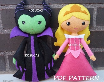 Patrón de costura en PDF para hacer una muñeca de fieltro inspirada en La Bella Durmiente y Maléfica