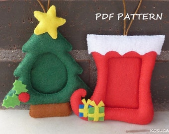 May include: Two felt Christmas ornaments: a green tree with a yellow star and a red stocking with a white cuff. The tree has a brown base and holly accents. The stocking has a small gift. Text reads "PDF PATTERN".