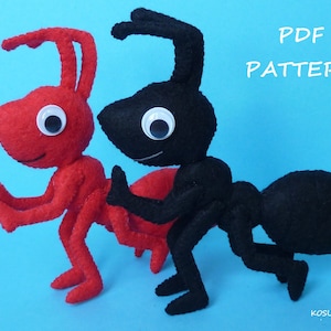 May include: A PDF pattern for sewing two felt ant toys. One ant is red with white eyes and the other is black with white eyes. The ants are standing on a blue background.