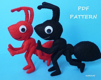 May include: A PDF pattern for sewing two felt ant toys. One ant is red with white eyes and the other is black with white eyes. The ants are standing on a blue background.