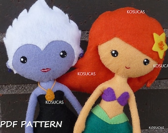 PDF sewing pattern to make a felt dolls inspired in the little Mermaid and Ursula