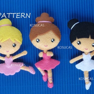 May include: PDF pattern for three felt ballerina dolls. The dolls are wearing pink, white and yellow tutus. The dolls have brown, black and blonde hair.