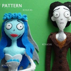 PDF pattern to make a felt Emily and Victor, characters of the Corpse bride.