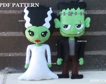 PDF pattern to make the felt figures of Frankenstein and his bride.