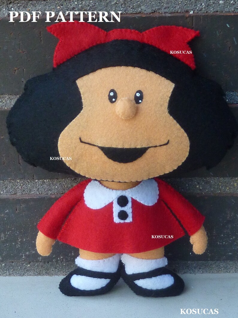May include: A felt doll pattern for a girl with black hair, a red dress, and white shoes. The pattern includes the text "PDF PATTERN" and the name "KOSUCAS" repeated throughout.