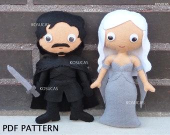 PDF pattern to make a felt doll inspired in Jon Snow and Khaleesi.
