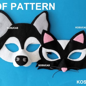 May include: Two felt animal masks: a black and white husky and a black cat with pink ears. The masks have eye holes and white ties. The text "PDF PATTERN" is at the top. The brand name "KOSUCAS" is visible.