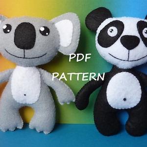 May include: A PDF pattern for sewing two plush toys: a gray koala and a black and white panda. The toys have black eyes and smiling mouths.