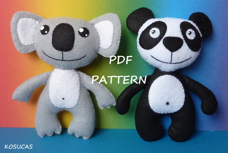 PDF sewing pattern to make a felt koala bear and a panda bear. image 1