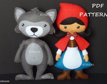 PDF sewing patter to make a felt Little Red Riding Hood and a wolf.