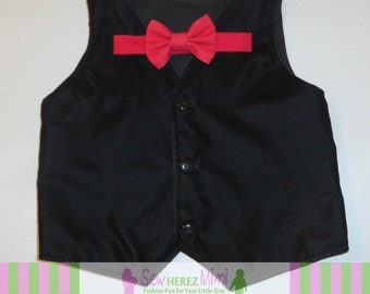 BLACK VELVET Vest Pre-Tied Red Bow Tie Infant, Toddler, Child, thru Youth 10