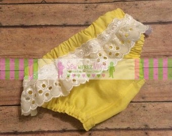 Yellow Diaper Cover SATIN Ribbon EYELET Lace Trim Sizes Newborn 3 mos 6 mos 12 mos 18 mos 24 months