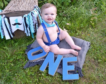 Cake Smash NAVY Blue AQUA 1st Birthday 3pc Set Diaper Cover Bow Tie Suspenders