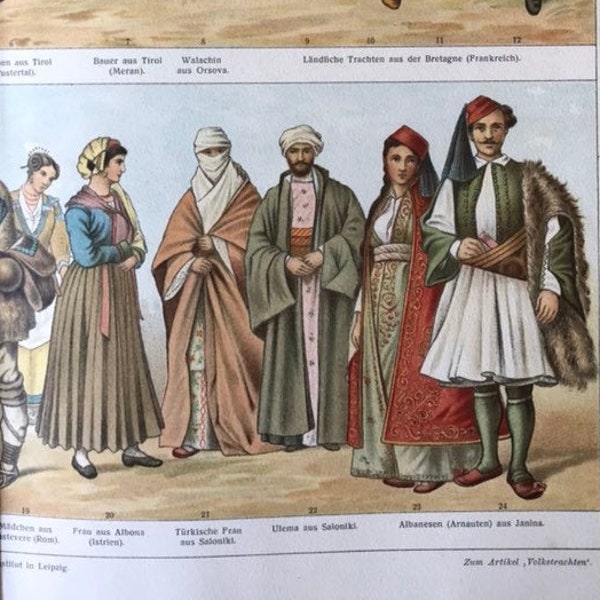 Costumes régionaux dans différents pays, 1890 Lithographie originale encyclopédie imprimée, antiquité, art, décor, rare, collectable