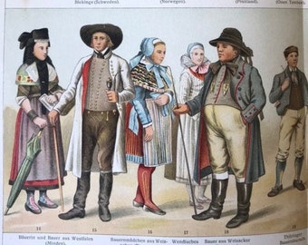 Regional Costume of Different Countries, 1890 Original coloured lithography Encyclopedia print, antique, art, decor, rare, collectable