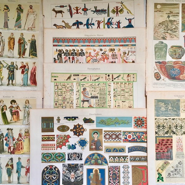 8 original Meyers konversations lexikon plates chromo lithographs Ornaments Costumes and Culture
