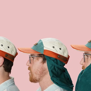 May include: Three people wearing multi-colored baseball caps with a white, orange, and teal color scheme. The caps are worn in different ways, with one person wearing the cap backwards and another person wearing the cap with the bill pointing upwards.