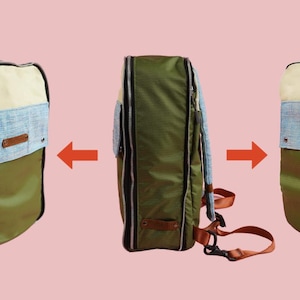 May include: A multi-view image of a green and beige backpack with a blue pocket. The backpack has brown straps and a brown leather patch on the pocket. The image shows the backpack from the front, side, and back.