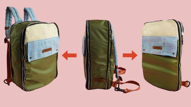 Pode incluir: Imagem de v&aacute;rias vistas de uma mochila verde e bege com um bolso azul. A mochila tem al&ccedil;as marrons e um remendo de couro marrom no bolso. A imagem mostra a mochila da frente, lateral e traseira.