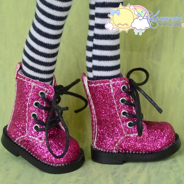 Doll Shoes Martin Lace-Up Boots Glitter Fuchsia for Blythe Pullip Momoko Monster High Lati Yellow Pukifee Kish Riley Riki Dolls