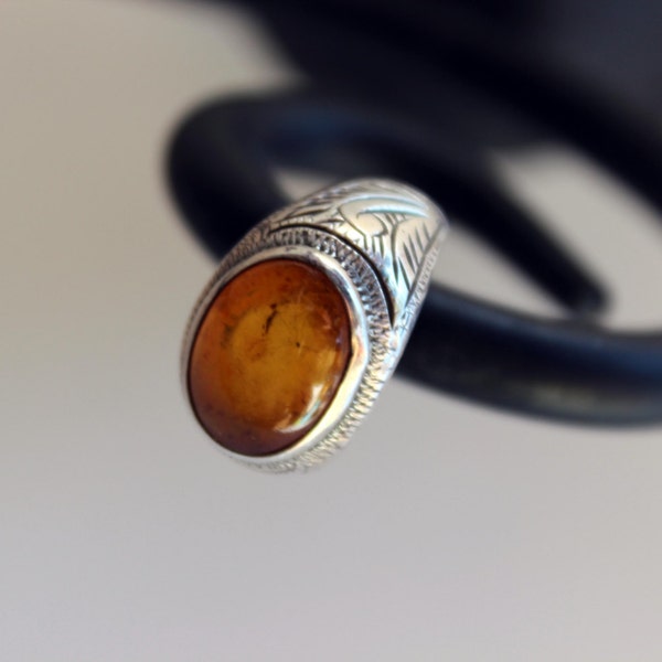 Vintage Sterling Silver and Amber Orange Gold Ring, Size US 6 1/4, Gift for Her, Girlfriend, 925 Silver, Amber Jewelry
