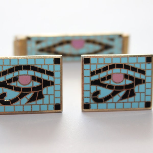 Eye of Horus Cuff Links and Tie Clip Set, Vintage Cufflinks, Egyptian Design, Mosaic Cuff Links, Gift for Him, Collectible Cuff Links, Brass