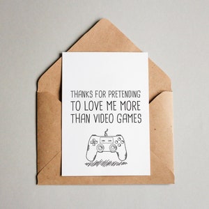 Vídeo game engraçado desenhado à mão para impressão, feliz dia dos namorados, aniversário, aniversário, cartão eu te amo - 5" x 7" dobrado