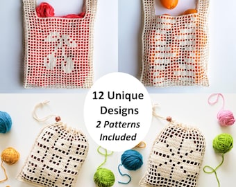 Filet Crochet Pattern Bundle: Cherries Market Bag + Fresh Mesh Produce Bag (PDF Download + Charts)