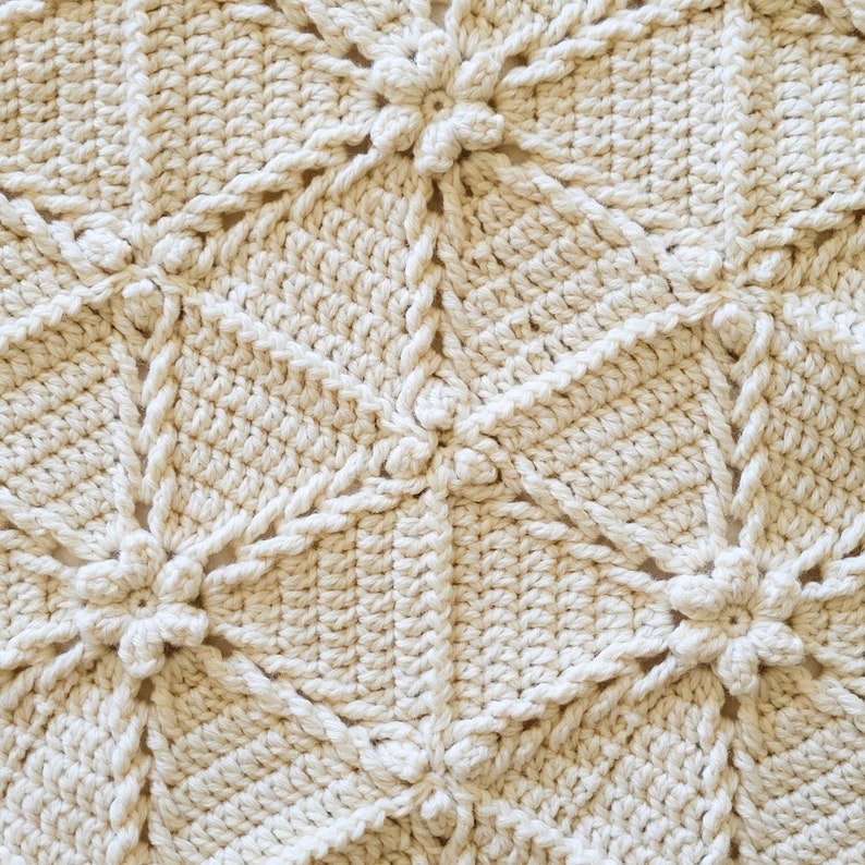 Close-up of a crocheted blanket with a repeating pattern of flowers. The blanket is made of a cream-colored yarn.