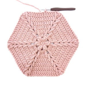 A pink crocheted hexagon with a central flower design and five braids radiating out from the center.