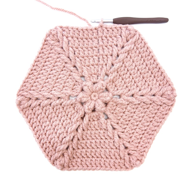 A pink crocheted hexagon with a central flower design and five braids radiating out from the center.