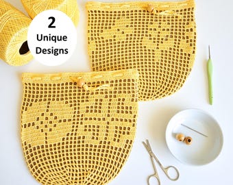 Filet Crochet Pattern: Flowers and Butterflies Produce Bags (PDF Download + Charts)