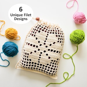 Filet Crochet Pattern: Fresh Mesh Produce Bag (PDF Download + Charts for 6 Designs)