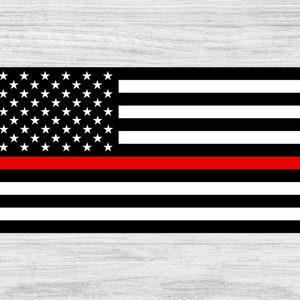 May include: A black and white American flag with a single red stripe across the middle. The flag is a symbol of support for firefighters.