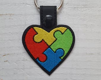 Autism Heart Snap Tab Keychain Digital Embroidery Design