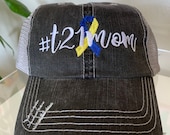 T21 Mom with Awareness Ribbon Embroidered Hat