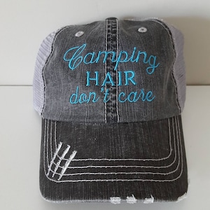 Camping Hair Don&#39;t Care Embroidered Hat with Choice of Thread Color