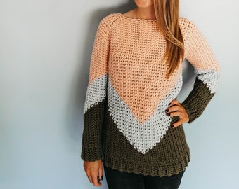Crochet Chevron Fair Isle Raglan Pullover Bottom Up In the Round Sweater PDF: The Chevie Sweater