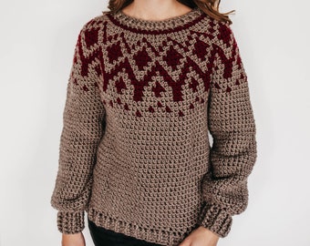 Crochet Fair Isle Circle Yoke Pullover Top-down In the Round Sweater PDF: The Marzanna Sweater (Bulky)