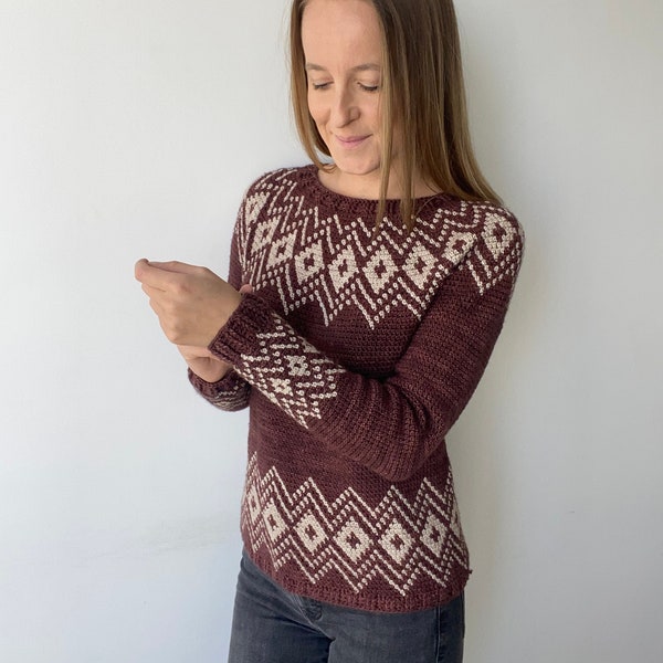 Crochet Fair Isle Circle Yoke Pullover Top-down In the Round Sweater PDF: The Eira Sweater