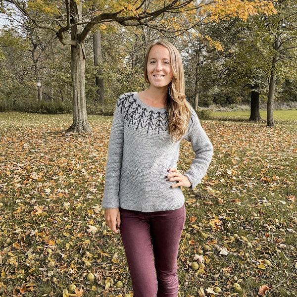 Size Inclusive Crochet Fair Isle Circle Yoke Pullover Top-down In the Round Sweater PDF: The Devana Sweater (DK Weight)