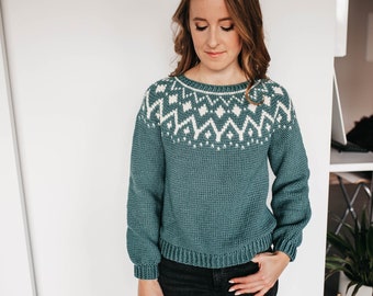 Crochet Pattern: Fair Isle Top Down Circle Yoke Women’s Size Inclusive Jumper – The Marzanna Sweater