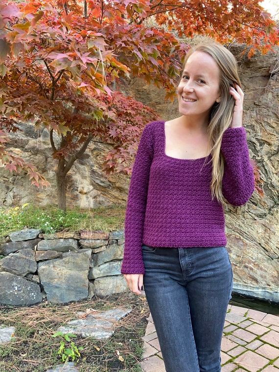 Jersey de crochet con cuello cuadrado de estambre de arriba hacia abajo en el sueter redondo PDF El sueter de estambre de Roxy Etsy Espana
