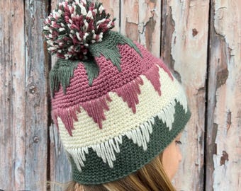 Crochet Hat Pattern: Mya Chevron Pom Pom Toque (PDF)