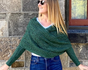 Crochet Pattern PDF: The Niamh Sweater Scarf, fingering weight cabled wrap with sleeves