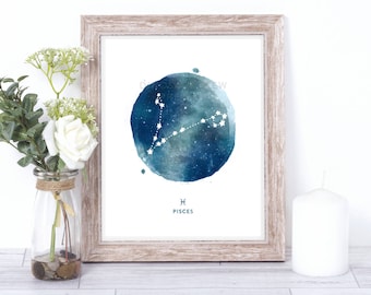 pisces print - watercolor constellation art print - pisces gift idea with color options - 8x10