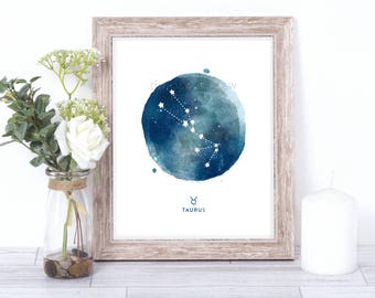 taurus print - watercolor constellation art print - taurus gift idea with color options - 8x10
