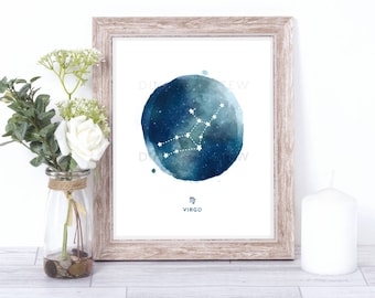 virgo print - watercolor constellation art print - virgo gift idea with color options - 8x10