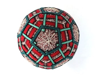 Japanese Temari Ball handmade ,geometric design of twelve pentagons, Teal triangles and inner Pentagons over Dusty Rose, made by me